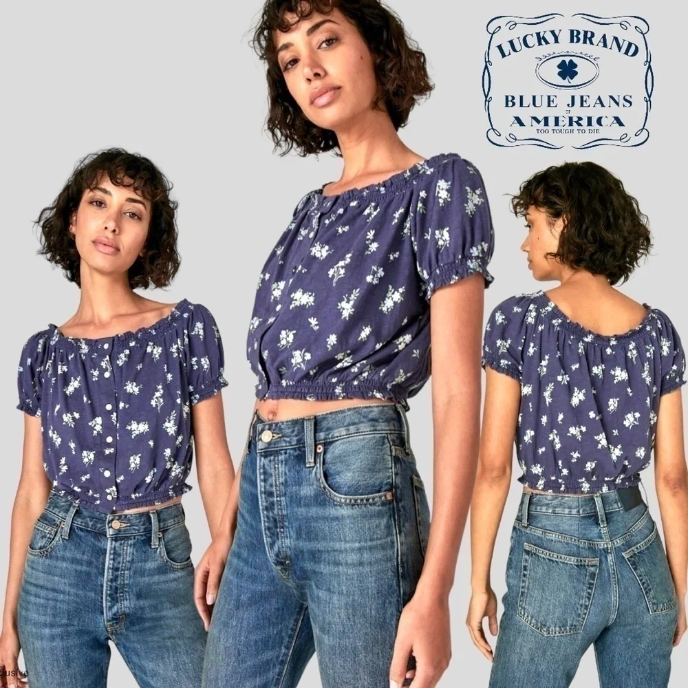 LUCKY BRAND Blue Floral On/Off Shoulder Bubble-Hem-Waist Peasant Top NWT/Lg